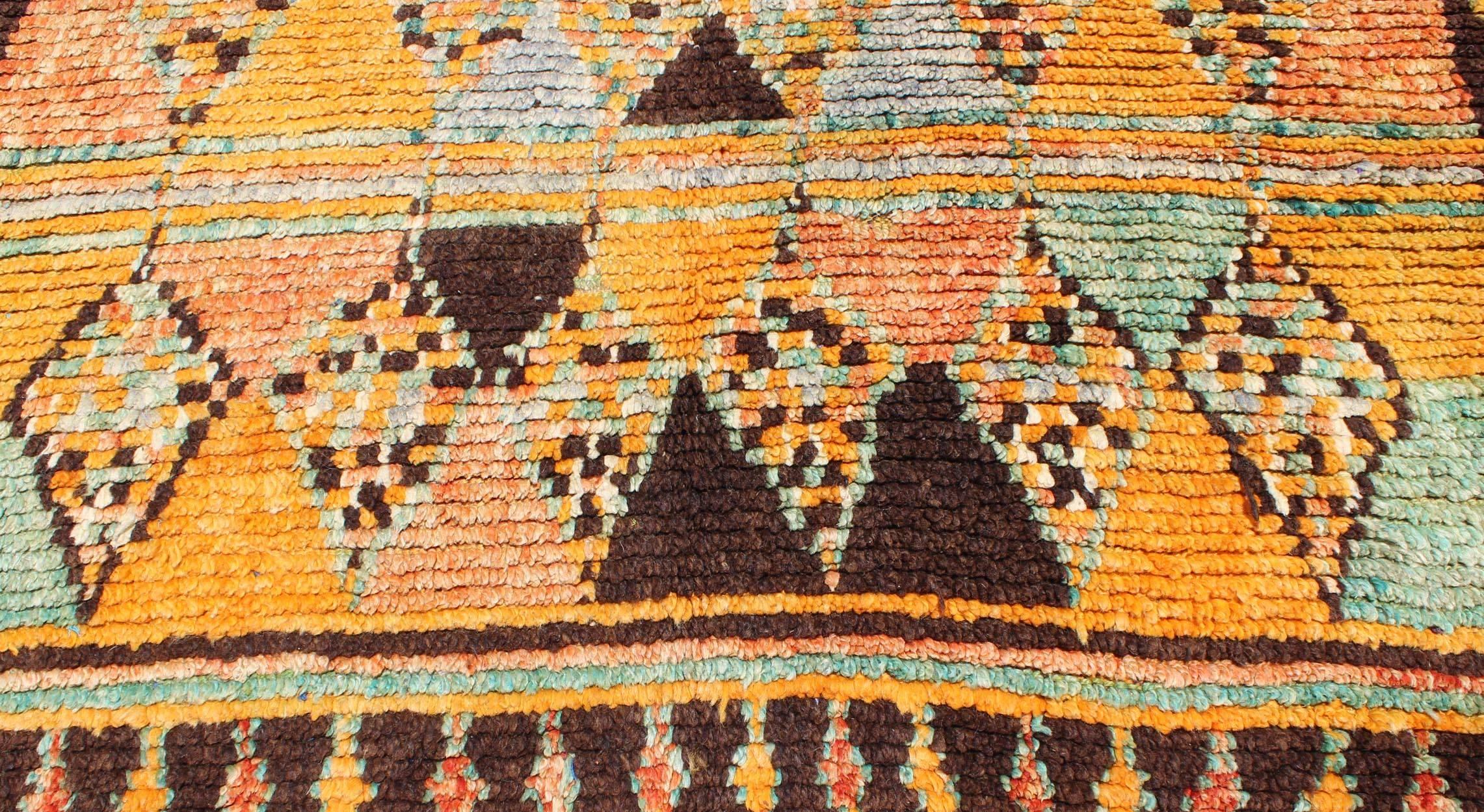 Long Vintage Moroccan Runner with Tribal Design in Orange, Brown, Blue and Green For Sale 2