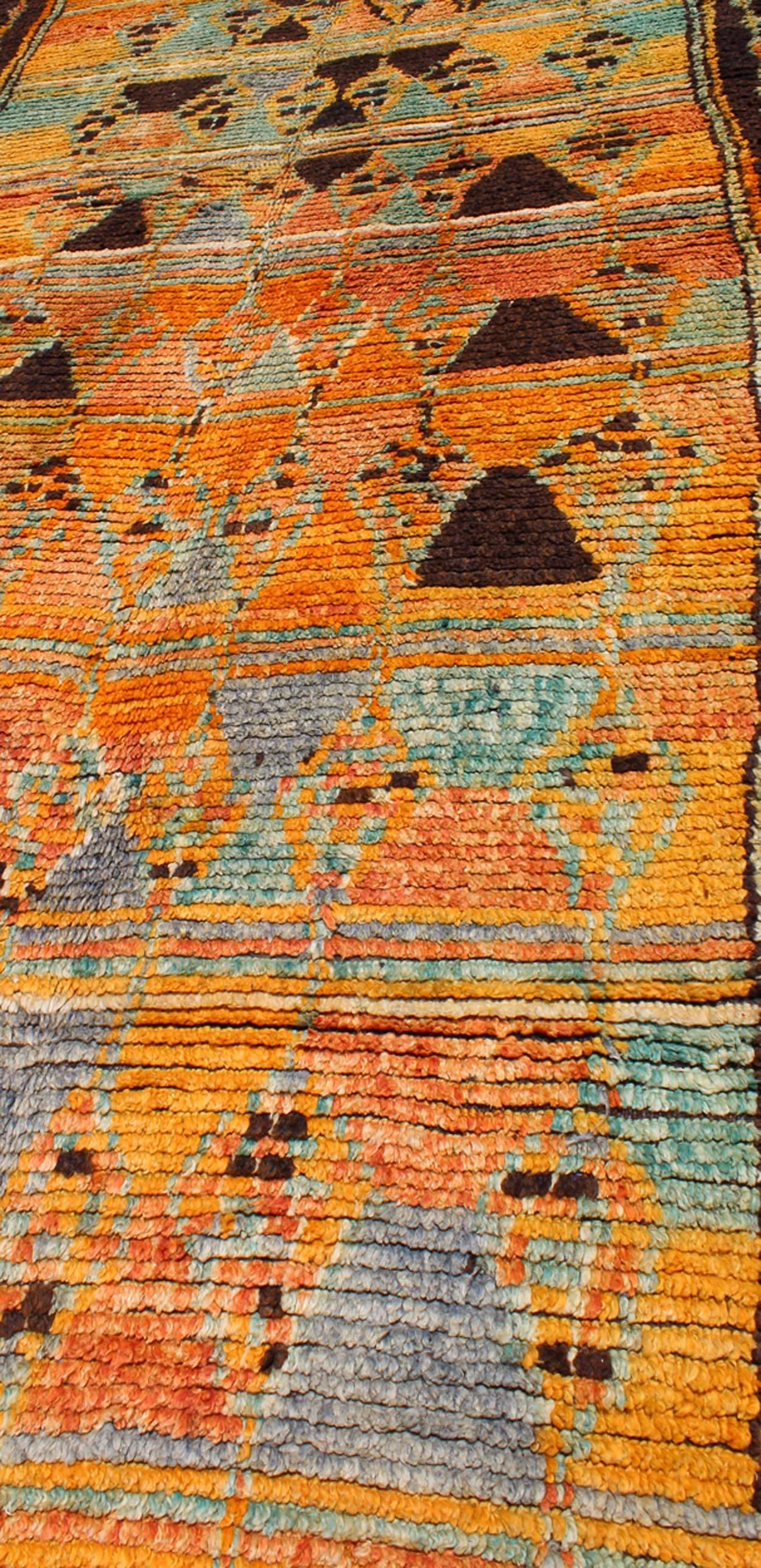 Long Vintage Moroccan Runner with Tribal Design in Orange, Brown, Blue and Green For Sale 3