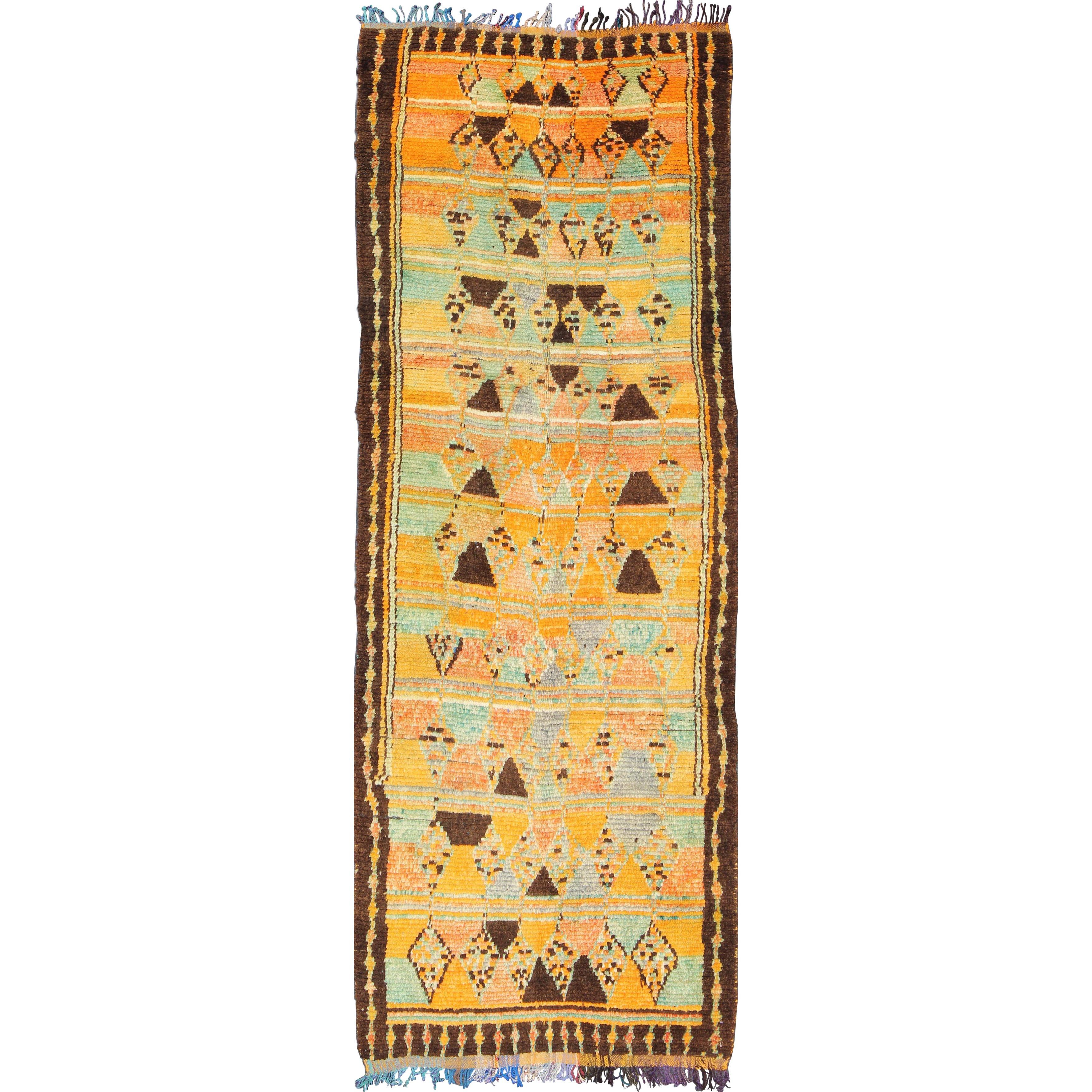 Long Vintage Moroccan Runner with Tribal Design in Orange, Brown, Blue and Green For Sale