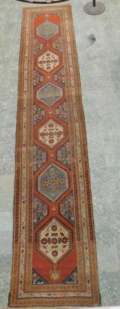 Long Vintage Oriental Runner Carpet with Open Field in Deep Orange and Blue