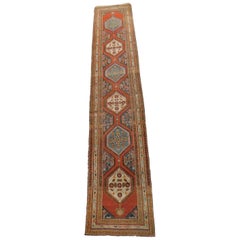 Long Antique Oriental Runner Carpet with Open Field in Deep Orange and Blue