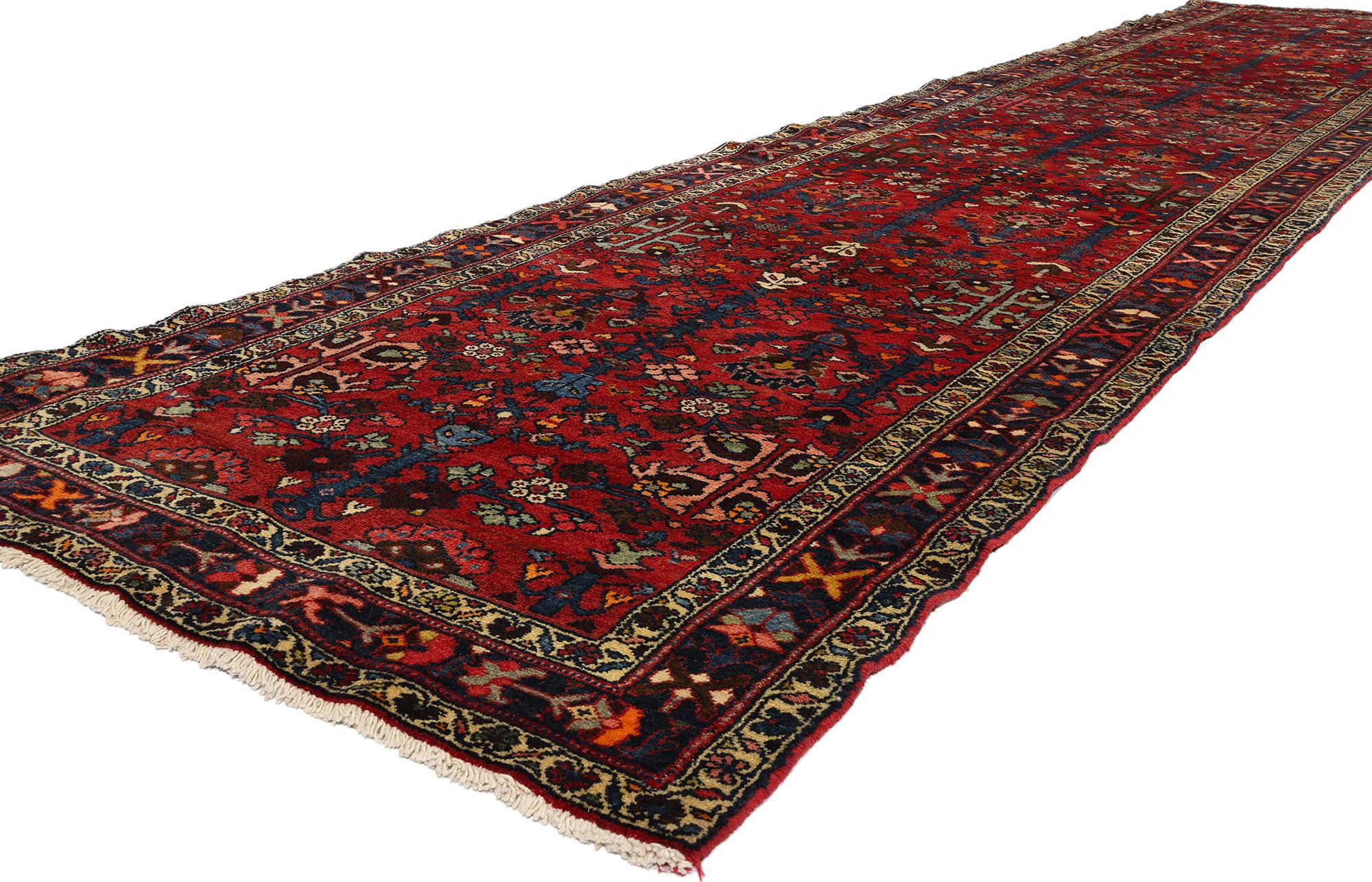 78726 Vintage Red Persian Hamadan Rug Runner, 03'06 x 17'01. Please note this is a listing for only one runner. It does have a matching piece. What distinguishes this rug is its rarity - a cherished relic from the 1940s, a period when Hamadan rugs
