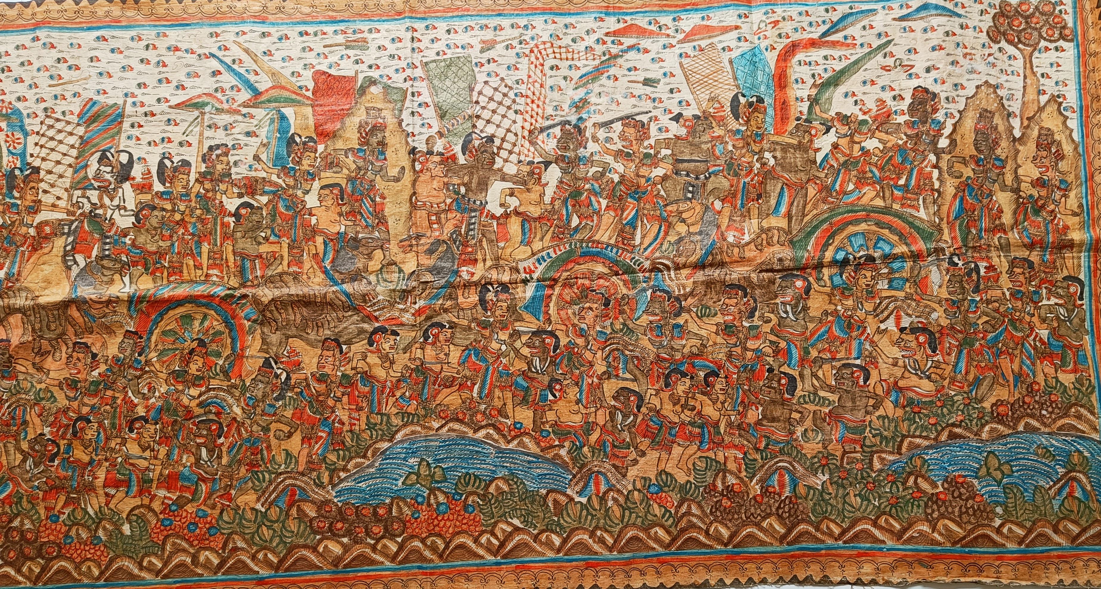Langes Rama Yana Vintage-Gemälde Indonesien Asiatische Sammlerstücke Textilien Wohndekor (Indonesisch) im Angebot