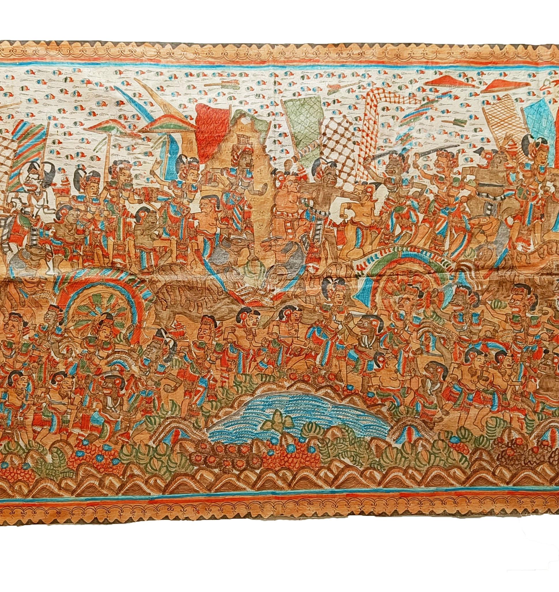 Langes Rama Yana Vintage-Gemälde Indonesien Asiatische Sammlerstücke Textilien Wohndekor im Zustand „Gut“ im Angebot in London, GB