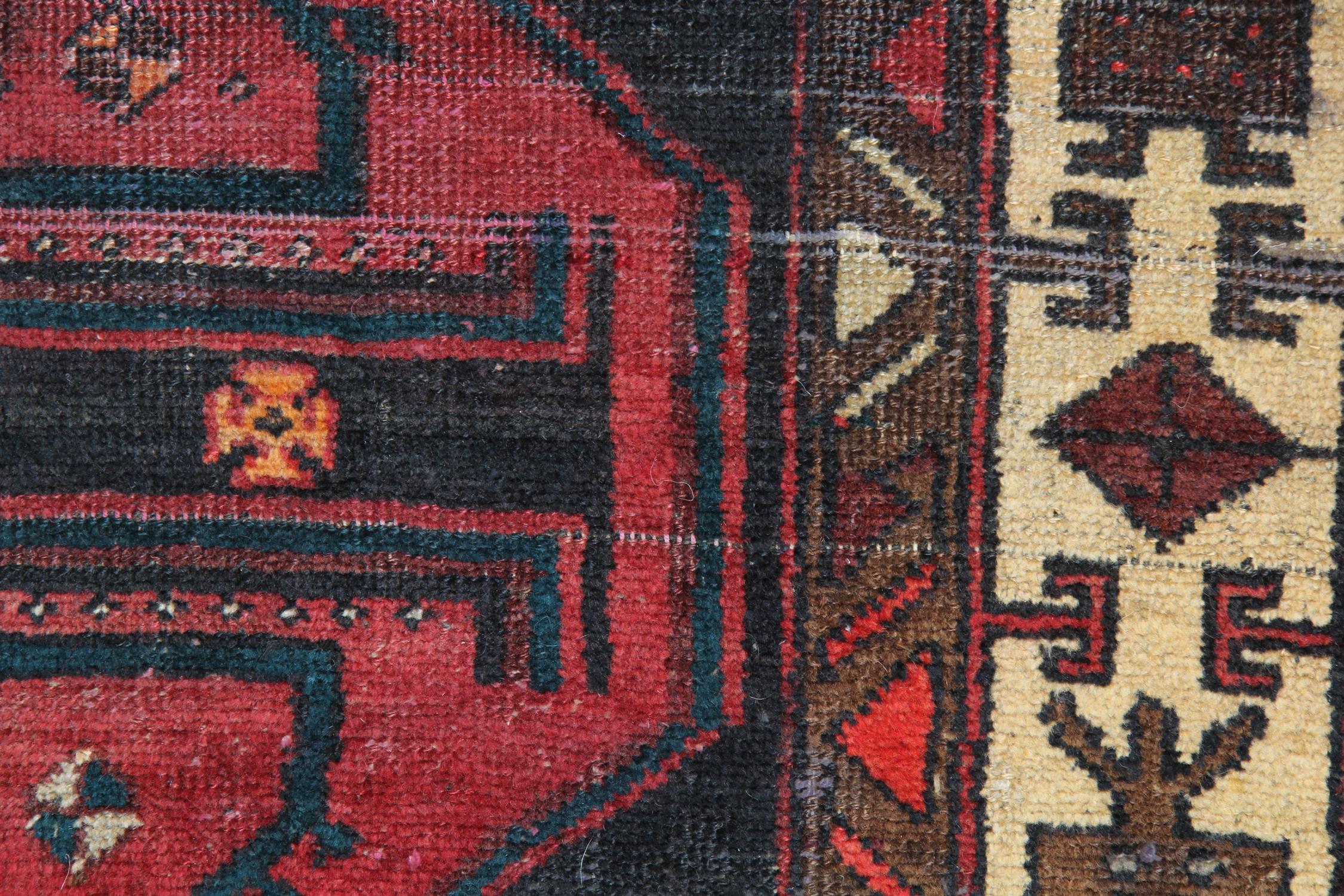 Azerbaijani Long Vintage Runner Rug Handwoven Oriental Carpet Red Blue Rug For Sale