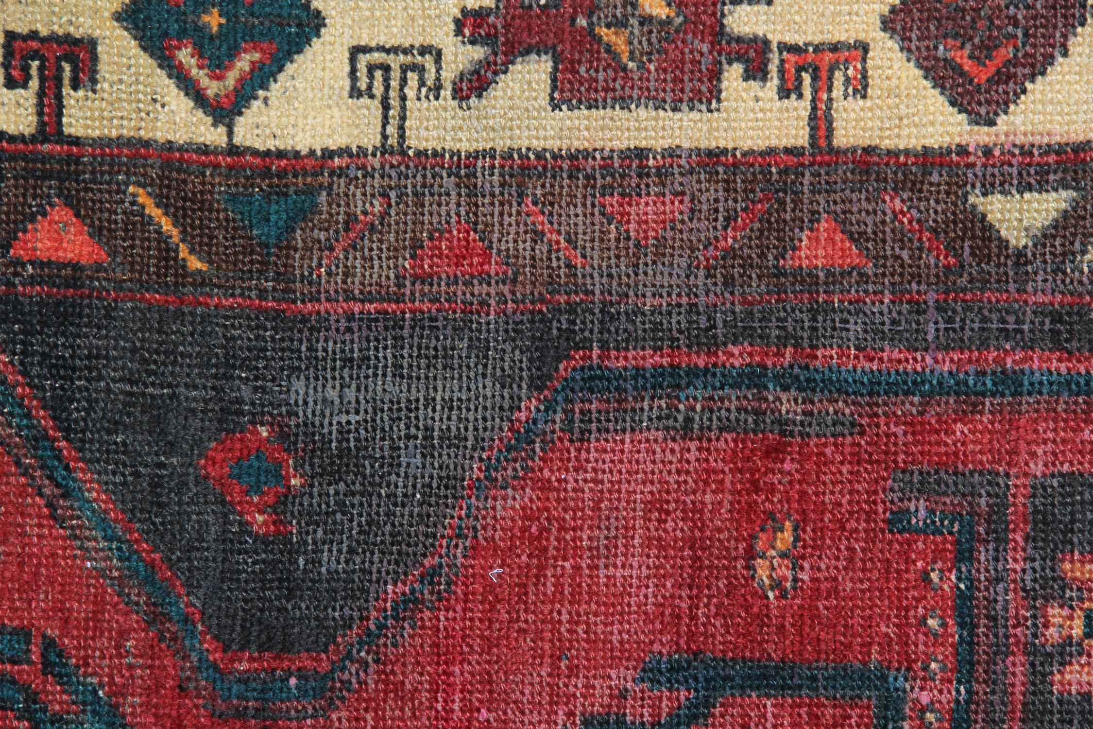 Hand-Knotted Long Vintage Runner Rug Handwoven Oriental Carpet Red Blue Rug For Sale
