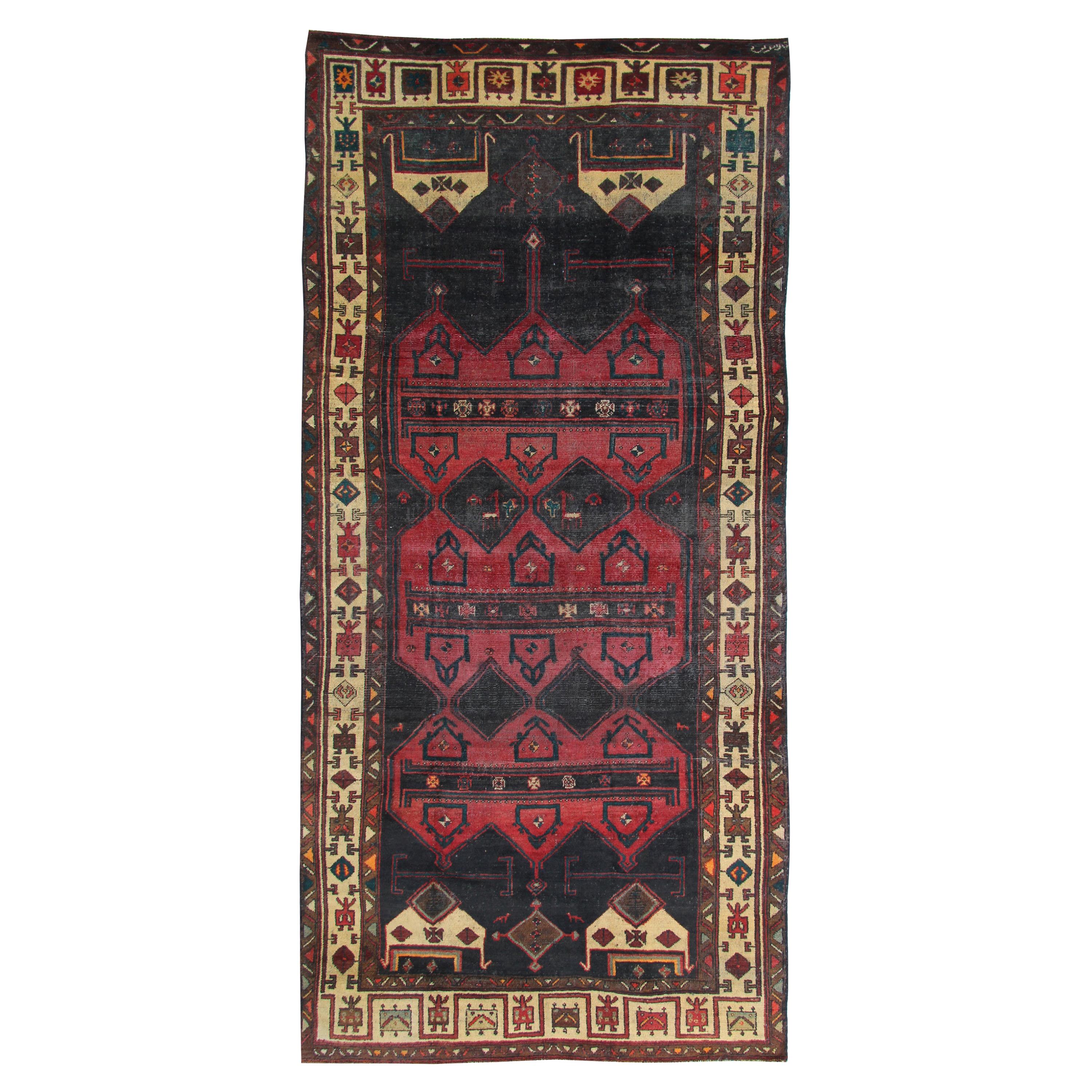Long Vintage Runner Rug Handwoven Oriental Carpet Red Blue Rug