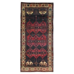 Long Vintage Runner Rug Handwoven Oriental Carpet Red Blue Rug
