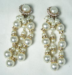 Long Vintage Signed DeMario Faux Pearl Dangling Earrings