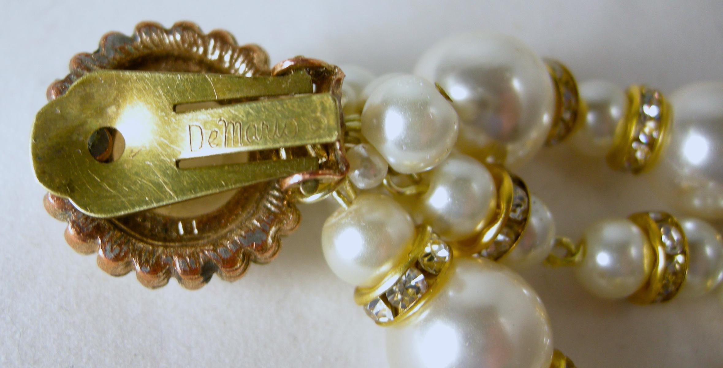 Women's Long Vintage Signed DeMario Faux Pearl Dangling Earrings For Sale