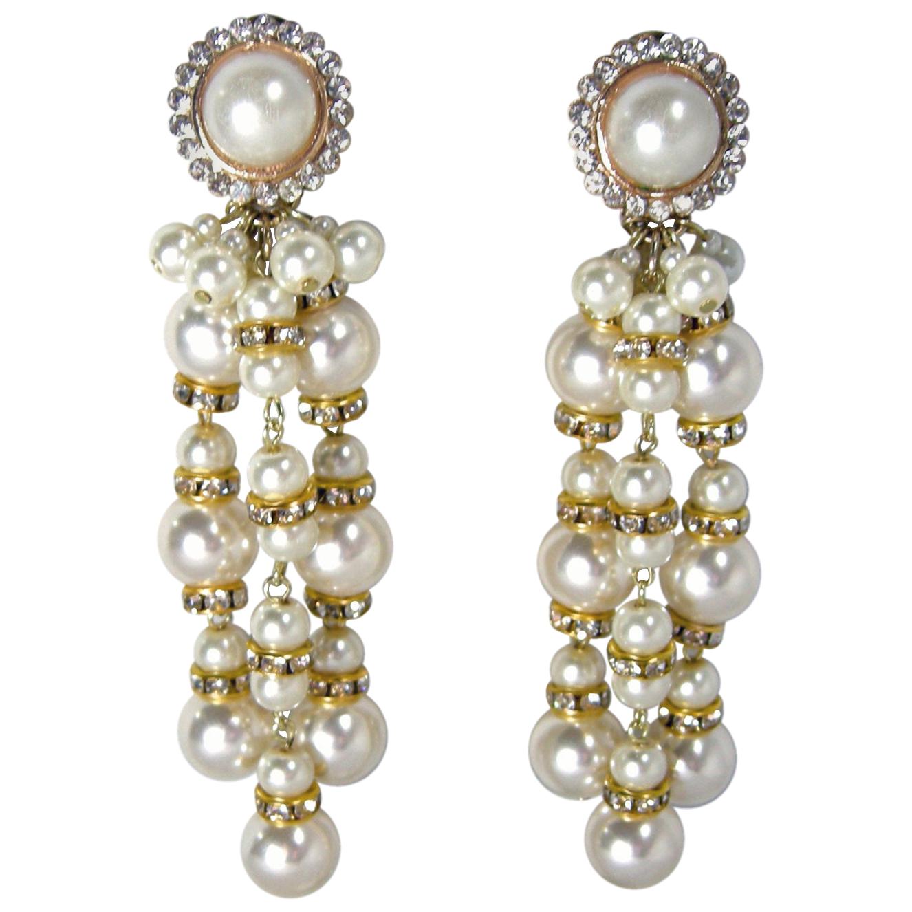 Long Vintage Signed DeMario Faux Pearl Dangling Earrings For Sale