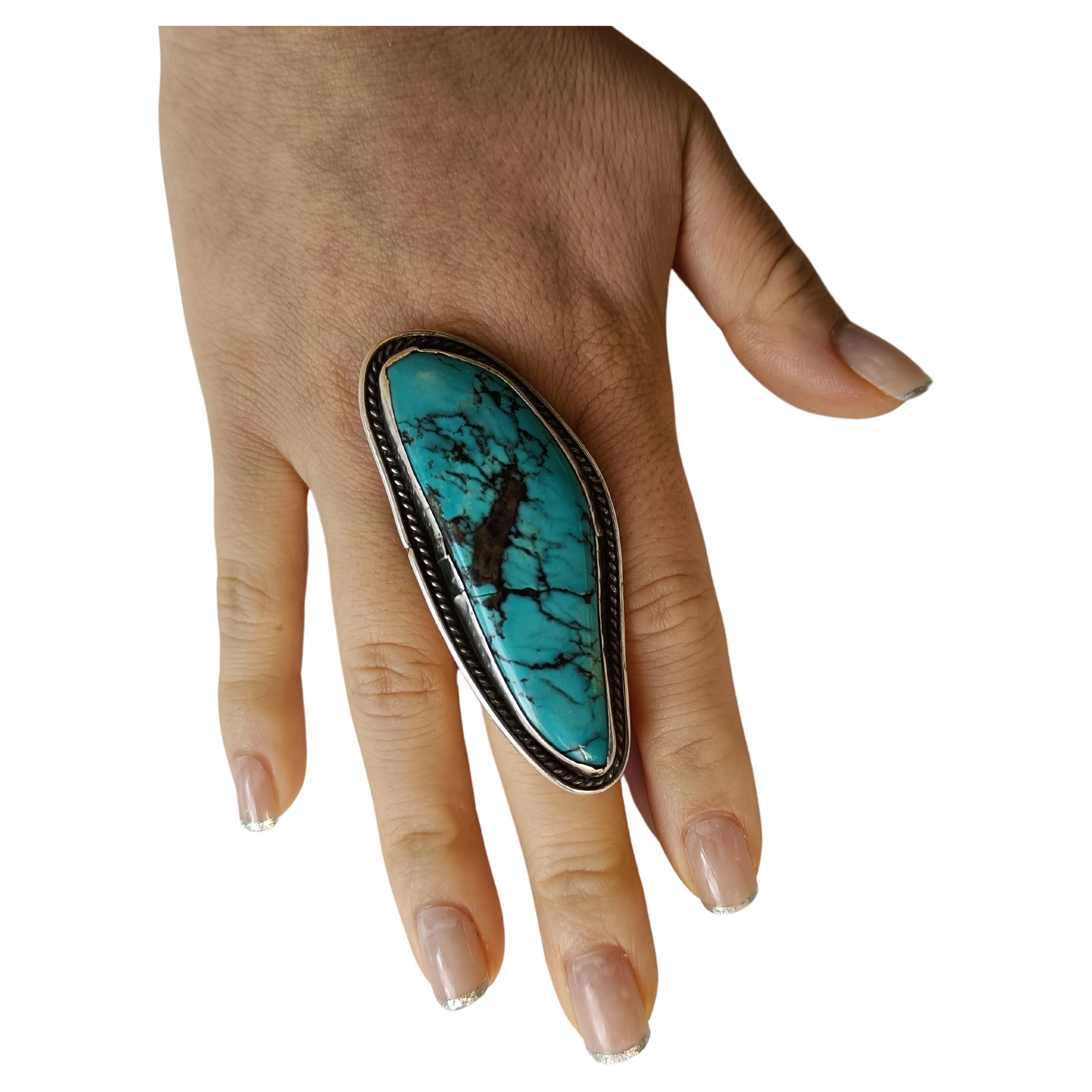 Long Vintage South West Native American Silver Turquoise ring Navajo For Sale