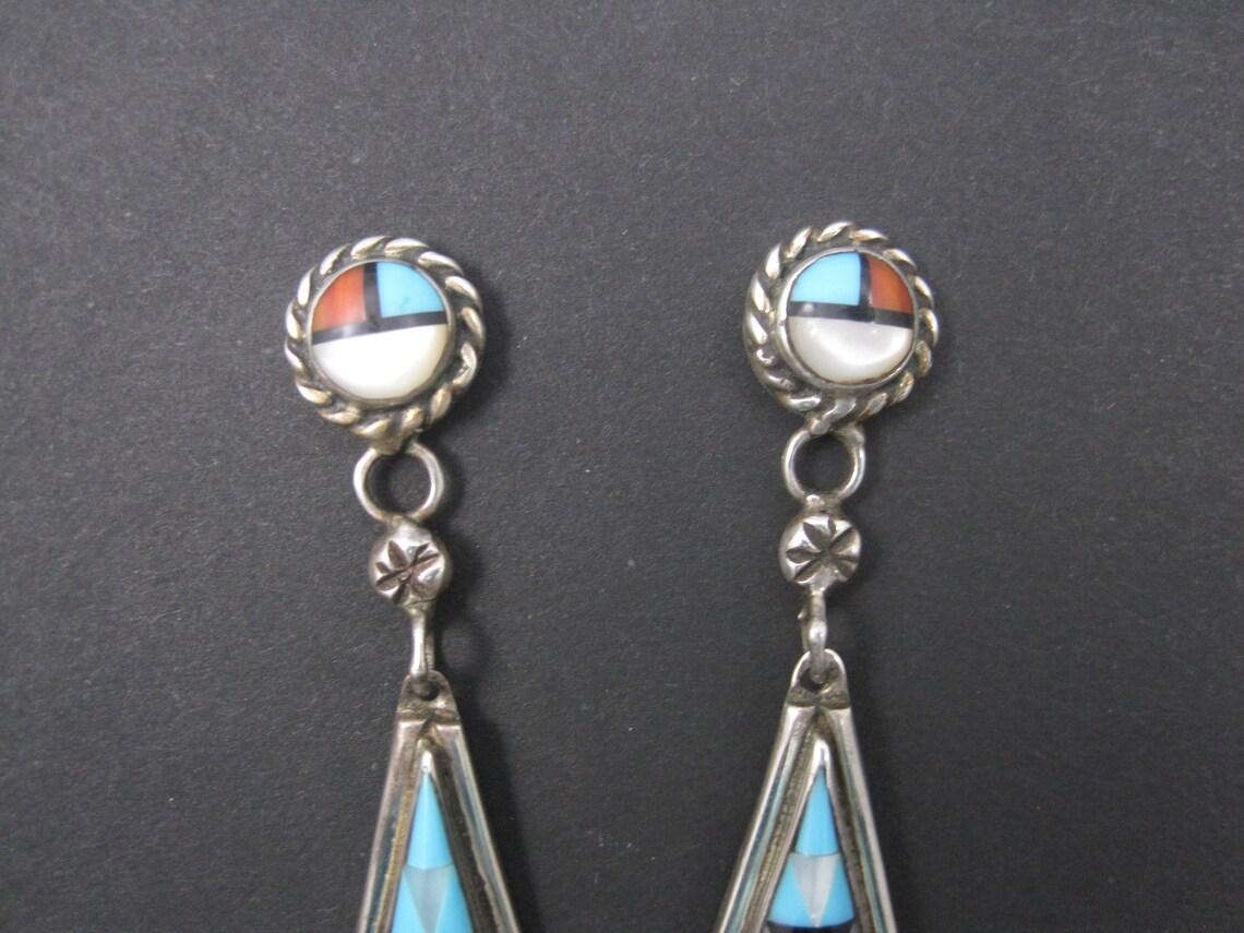 Native American Long Vintage Southwestern Sterling Inlay Earrings