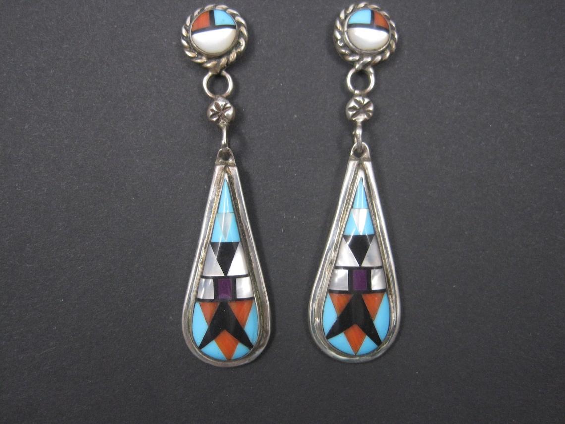 Long Vintage Southwestern Sterling Inlay Earrings In Excellent Condition In Webster, SD