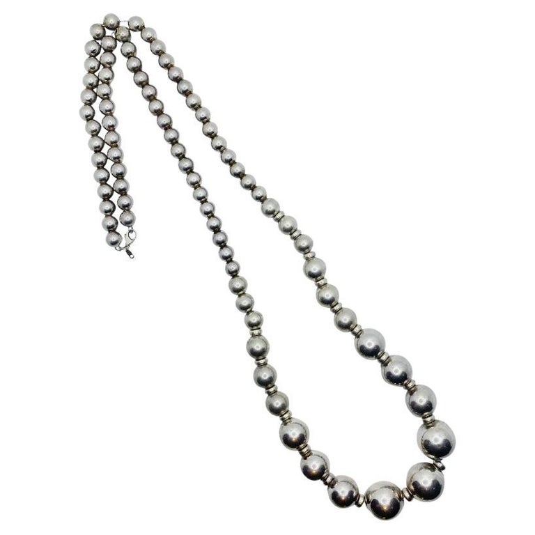 Long Vintage Sterling Silver Ball Beaded Necklace For Sale at 1stDibs