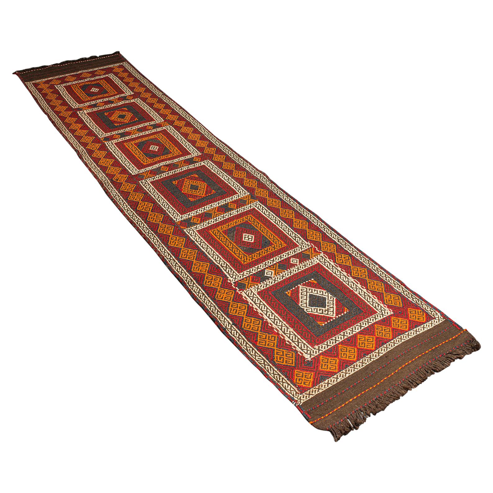 Long Vintage Suzani Kilim Runner, Caucasian, Woven, Hallway, Carpet, Circa 1980 For Sale