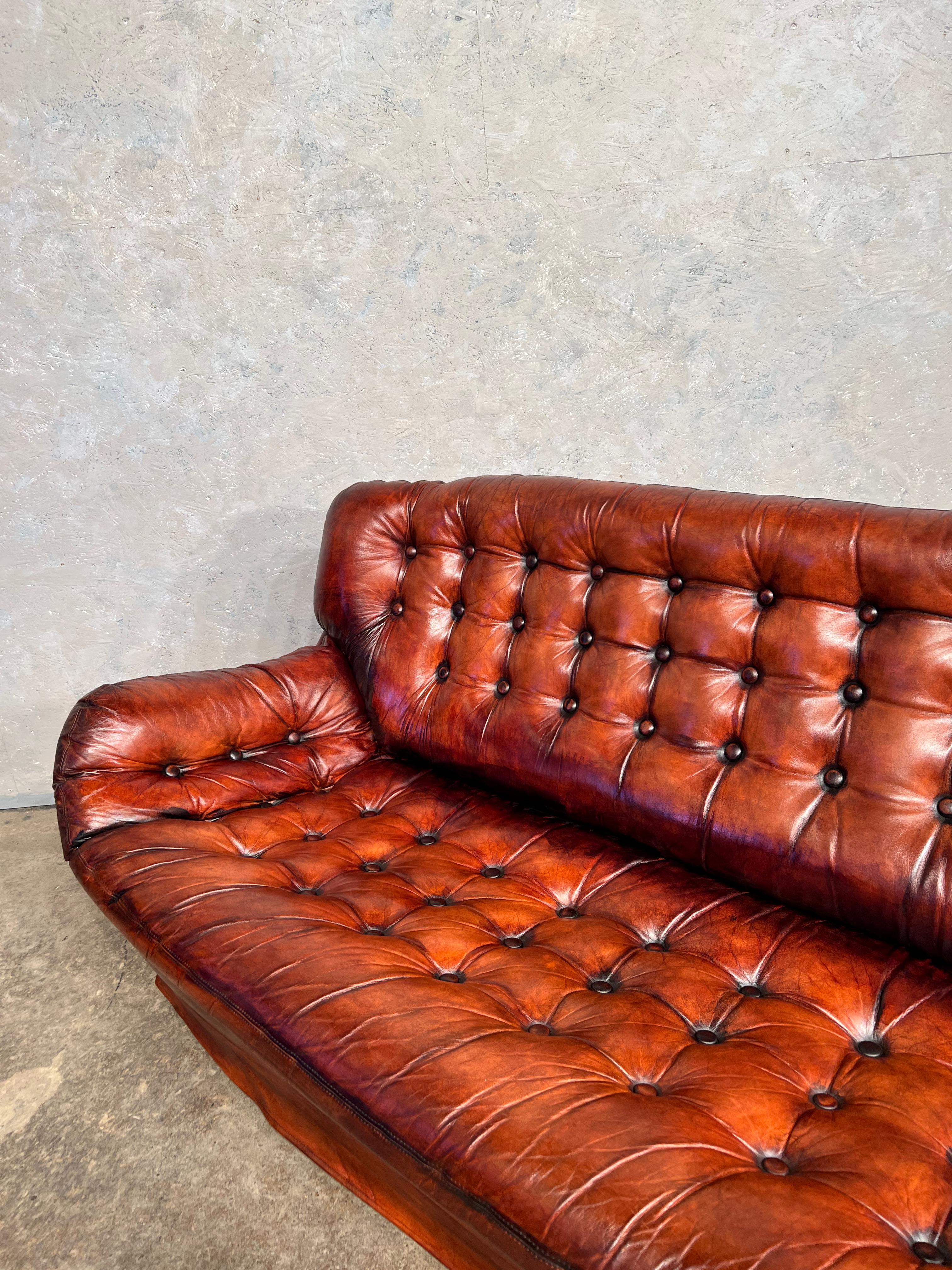 Long Vintage Swedish 70 S Cognac Leather Three Seater Egg Sofa Retro #439 In Good Condition For Sale In Lewes, GB