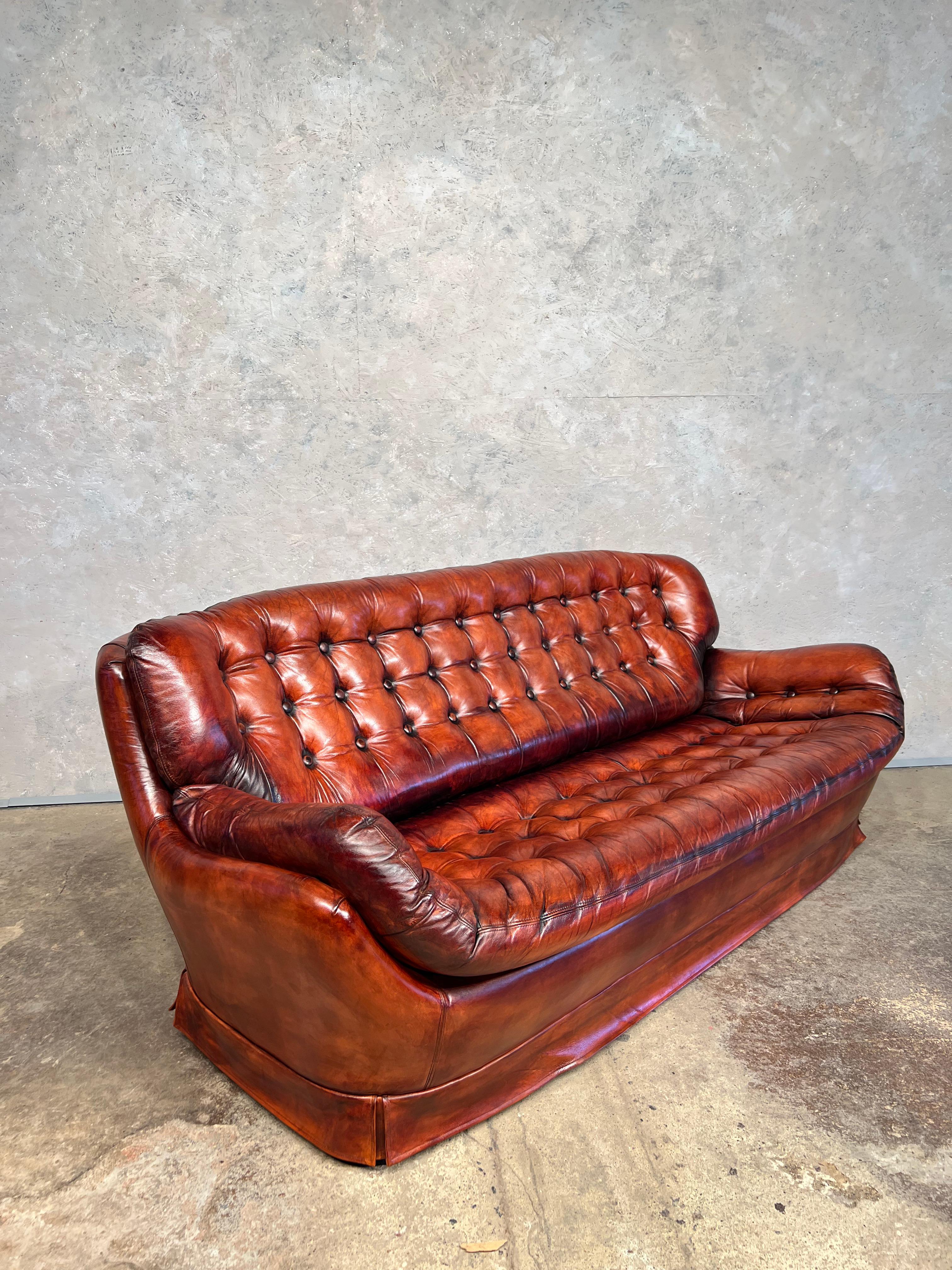 20th Century Long Vintage Swedish 70 S Cognac Leather Three Seater Egg Sofa Retro #439 For Sale
