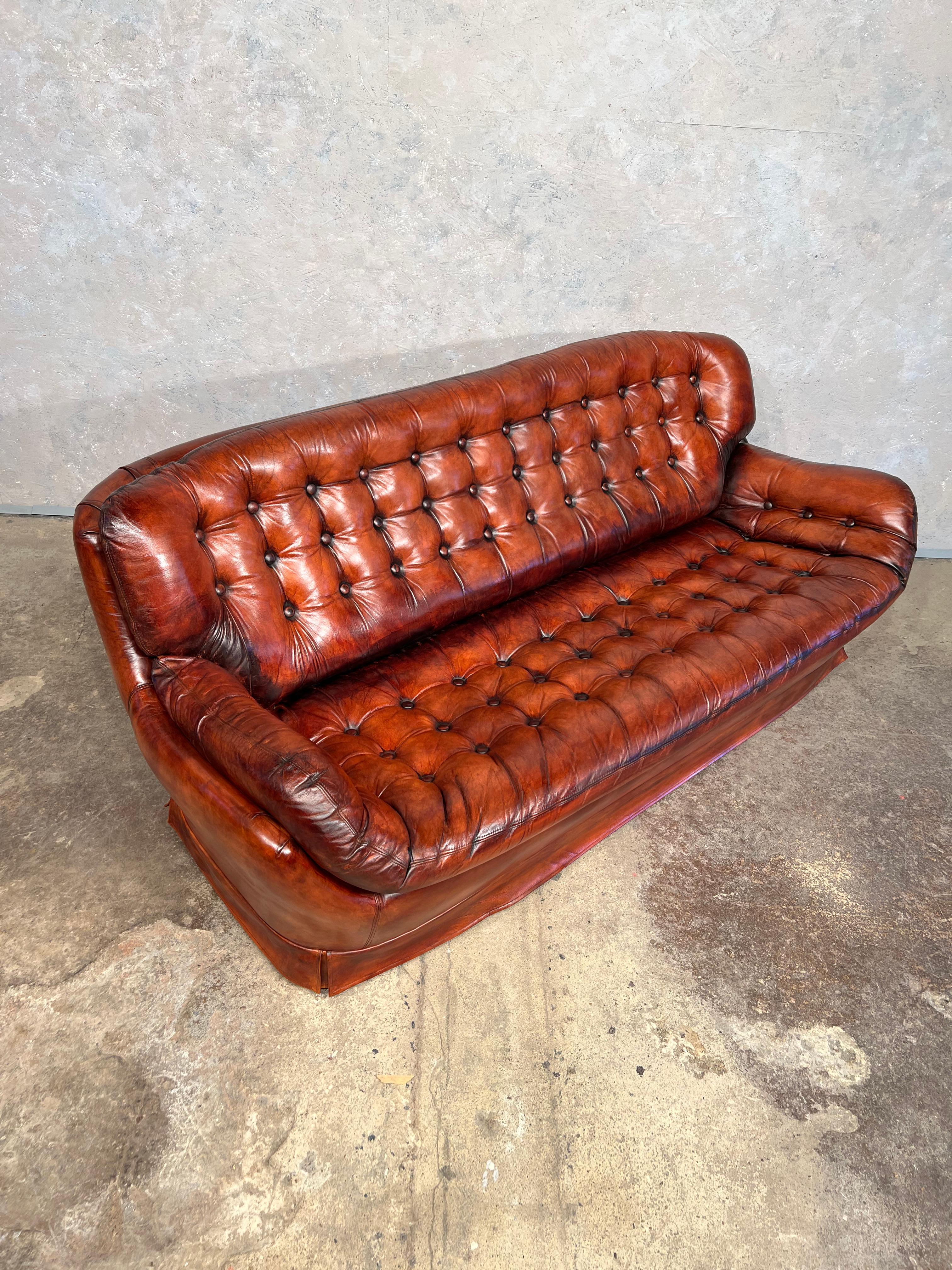 Long Vintage Swedish 70 S Cognac Leather Three Seater Egg Sofa Retro #439 For Sale 1