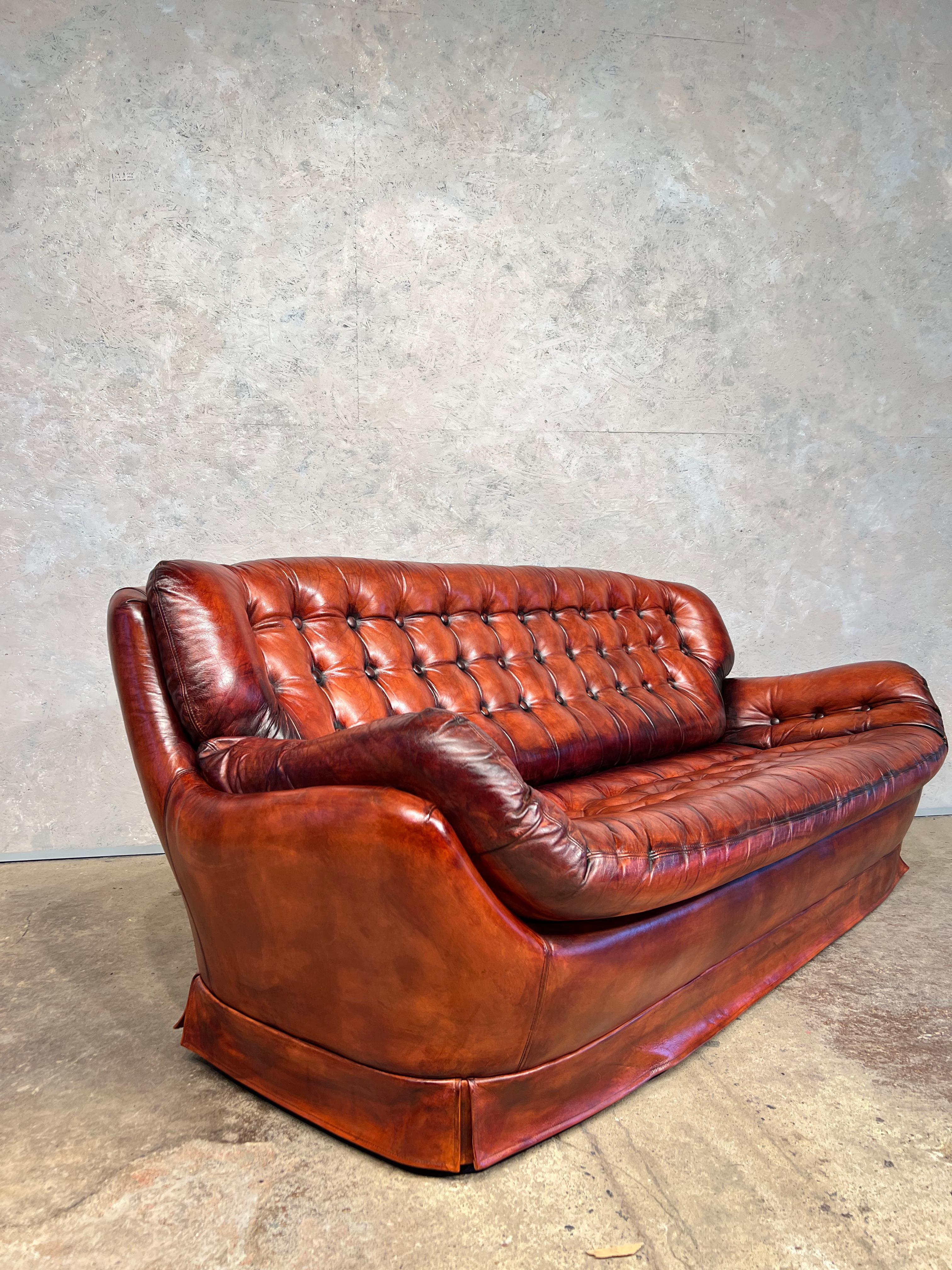 Long Vintage Swedish 70 S Cognac Leather Three Seater Egg Sofa Retro #439 For Sale 2