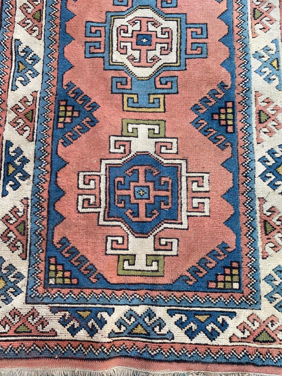 Beautiful Turkish Kars runner with nice Kazak design and beautiful colors, entirely hand knotted with wool velvet on wool foundation.