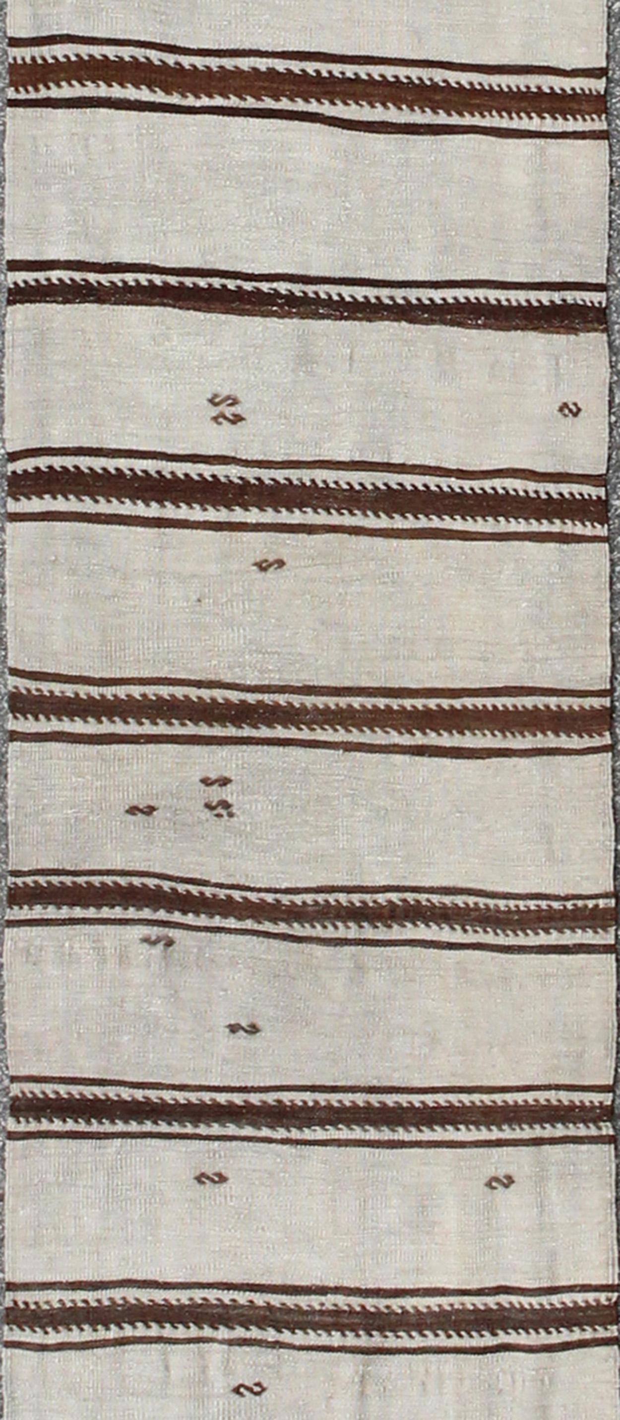 Hand-Knotted Long Vintage Turkish Kilim Flat-Weave Runner with Minimalist Stripe Design For Sale