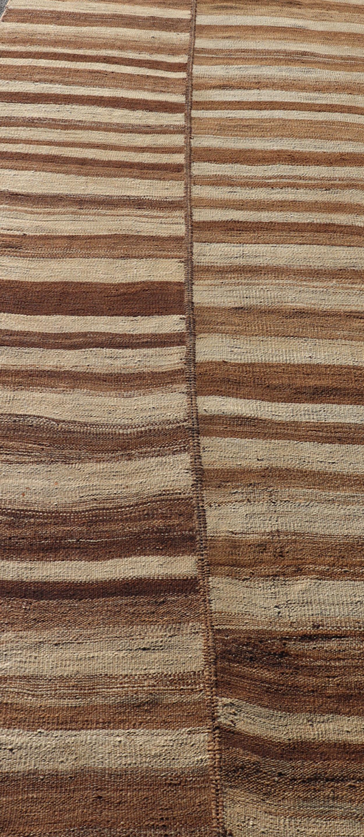 Long Vintage Turkish Kilim Gallery Runner with Shades Brown and Cream Stripes For Sale 4