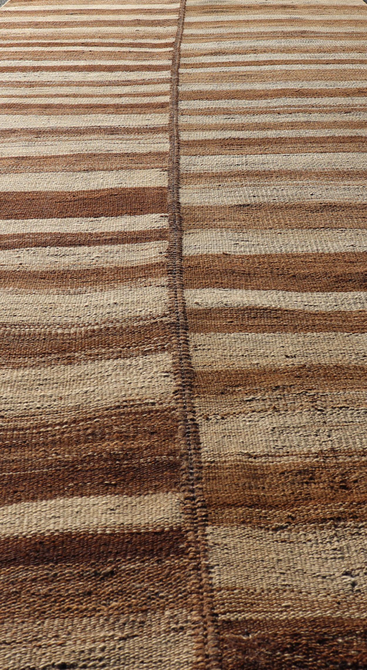 Long Vintage Turkish Kilim Gallery Runner with Shades Brown and Cream Stripes For Sale 5