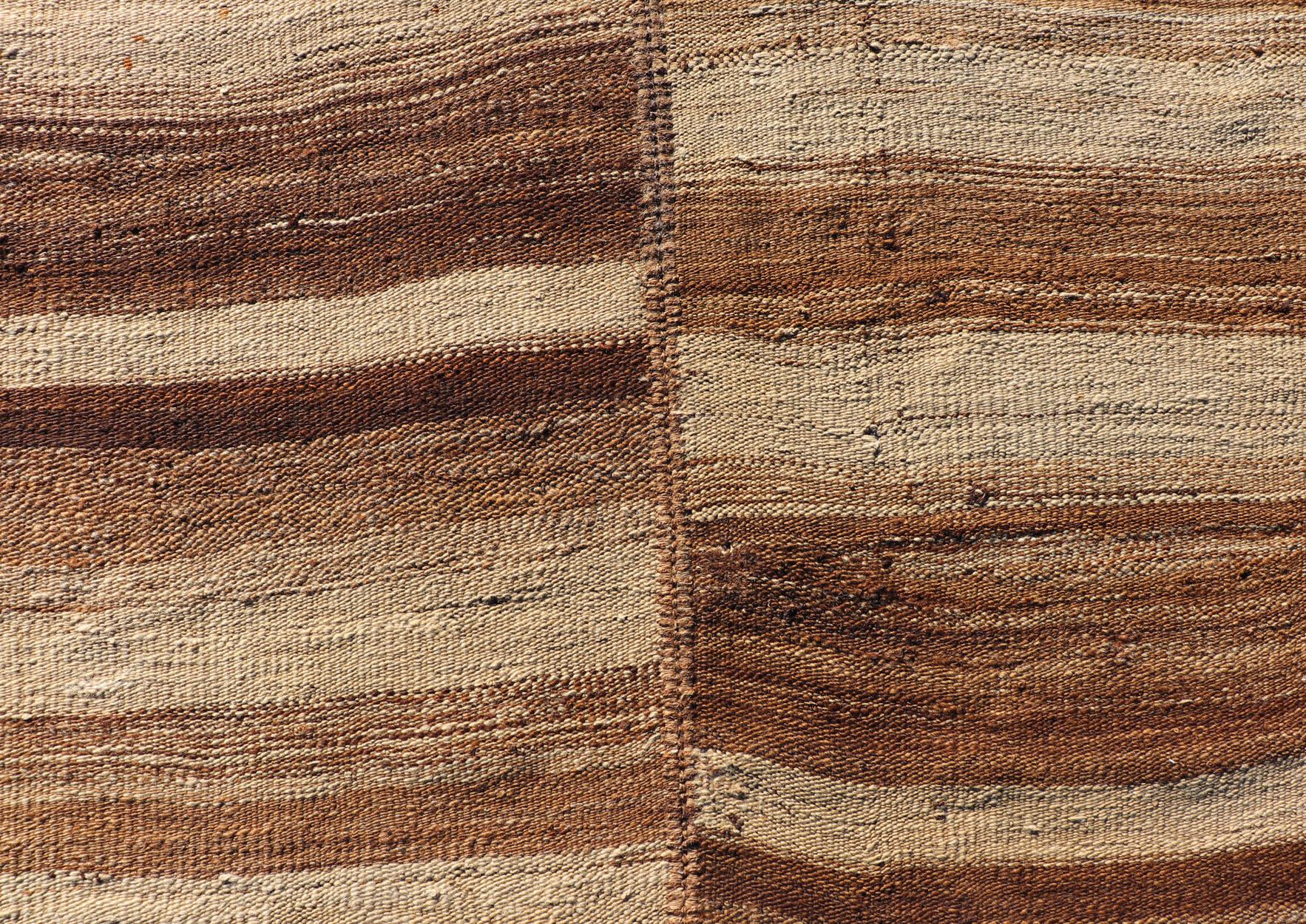 Hand-Woven Long Vintage Turkish Kilim Gallery Runner with Shades Brown and Cream Stripes For Sale