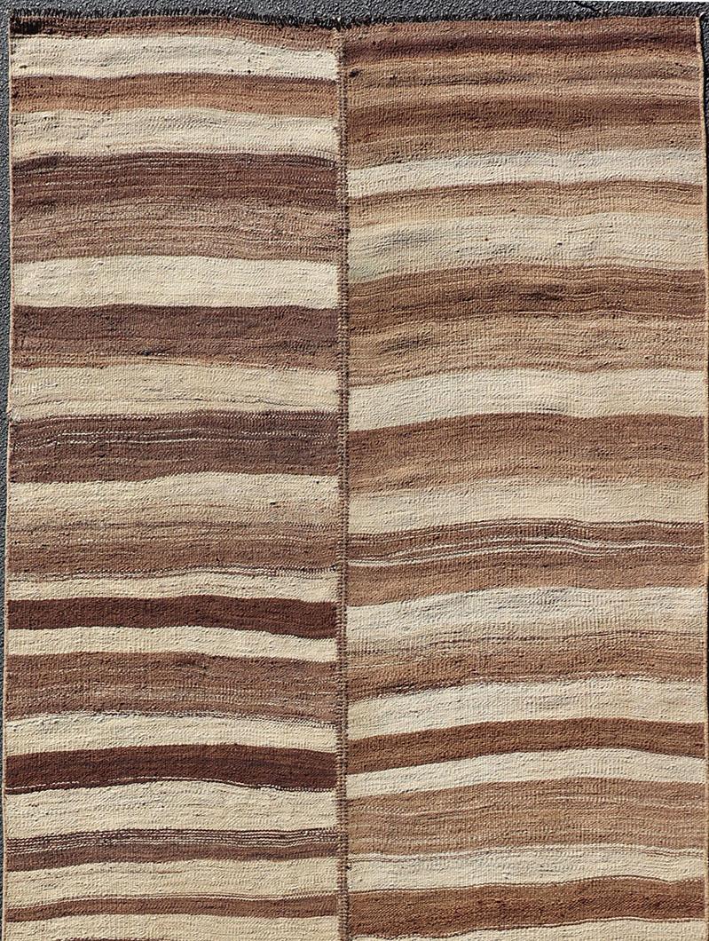 Long Vintage Turkish Kilim Gallery Runner with Shades Brown and Cream Stripes In Good Condition For Sale In Atlanta, GA