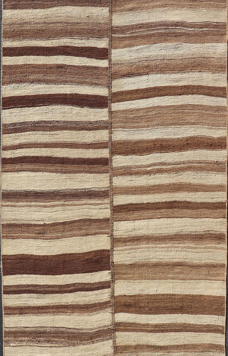 20th Century Long Vintage Turkish Kilim Gallery Runner with Shades Brown and Cream Stripes For Sale