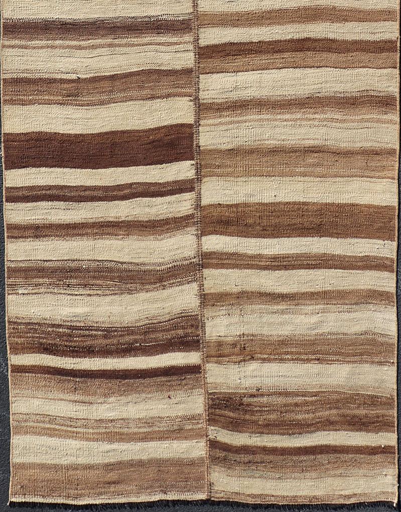 Wool Long Vintage Turkish Kilim Gallery Runner with Shades Brown and Cream Stripes For Sale