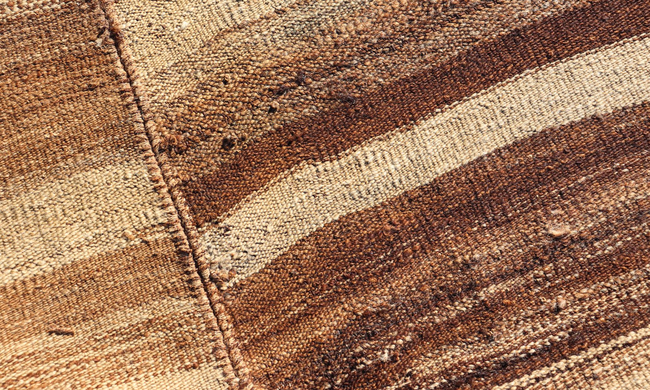 Long Vintage Turkish Kilim Gallery Runner with Shades Brown and Cream Stripes For Sale 1