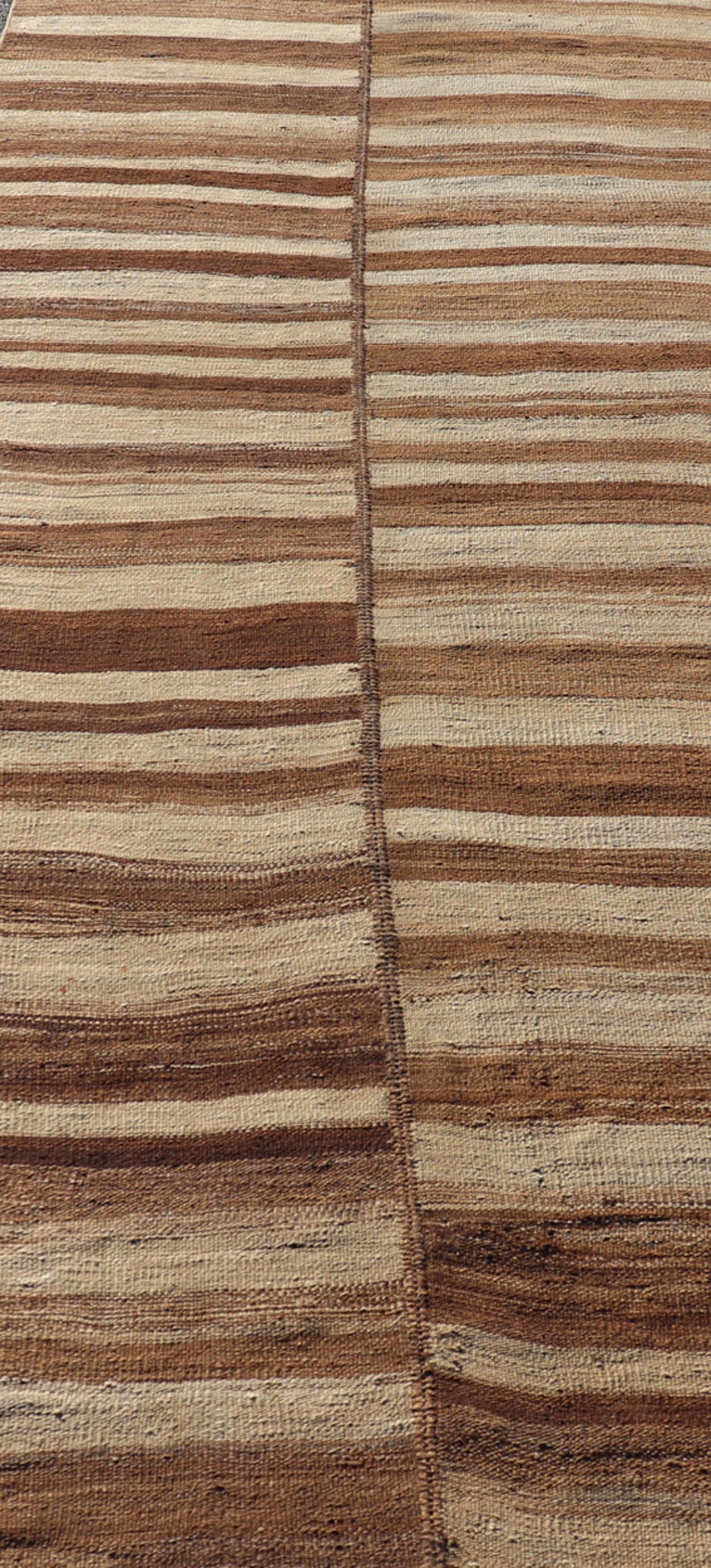 Long Vintage Turkish Kilim Gallery Runner with Shades Brown and Cream Stripes For Sale 3
