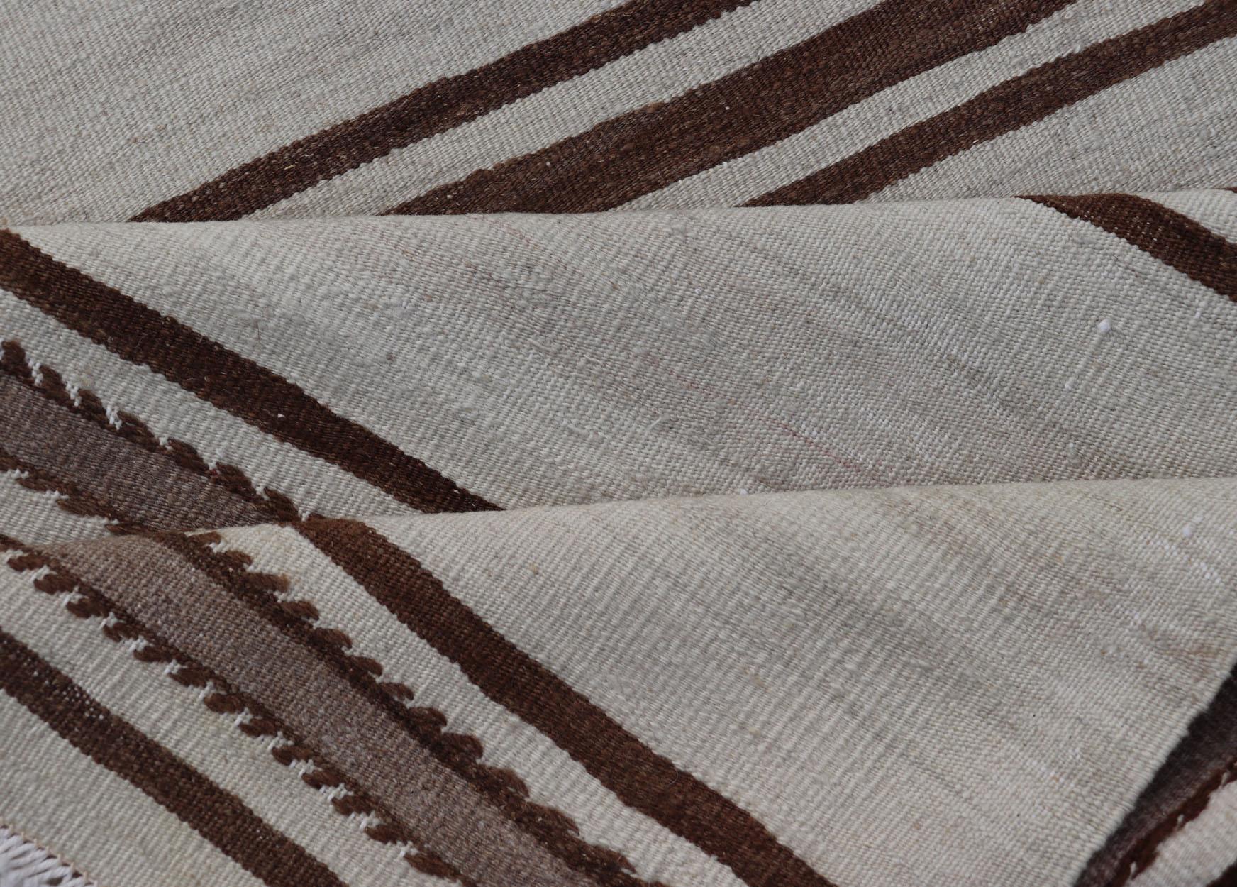Long Vintage Turkish Natural Kilim with Stripes in Ivory, Taupe and Brown For Sale 4