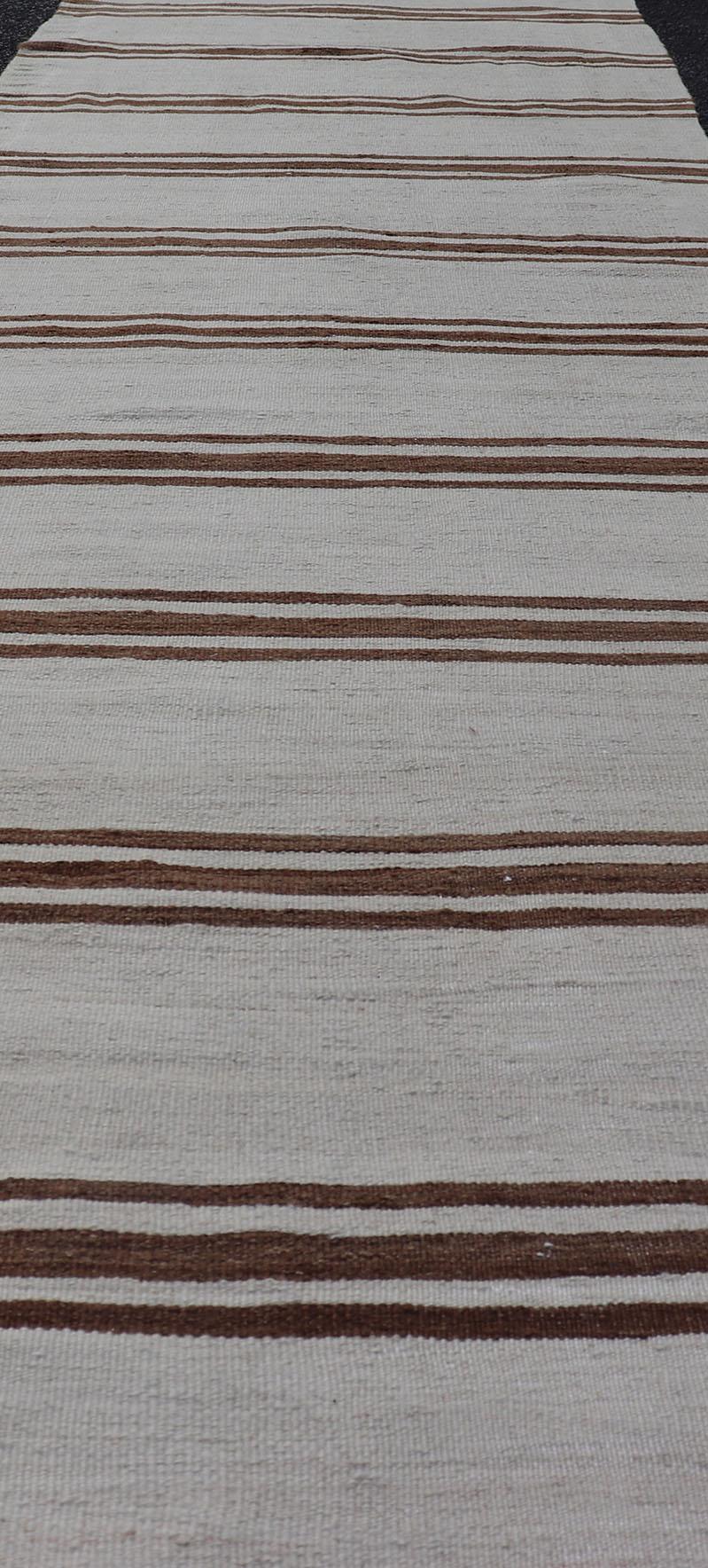 Long Vintage Turkish Natural Kilim with Stripes in Ivory, Taupe and Brown In Good Condition For Sale In Atlanta, GA