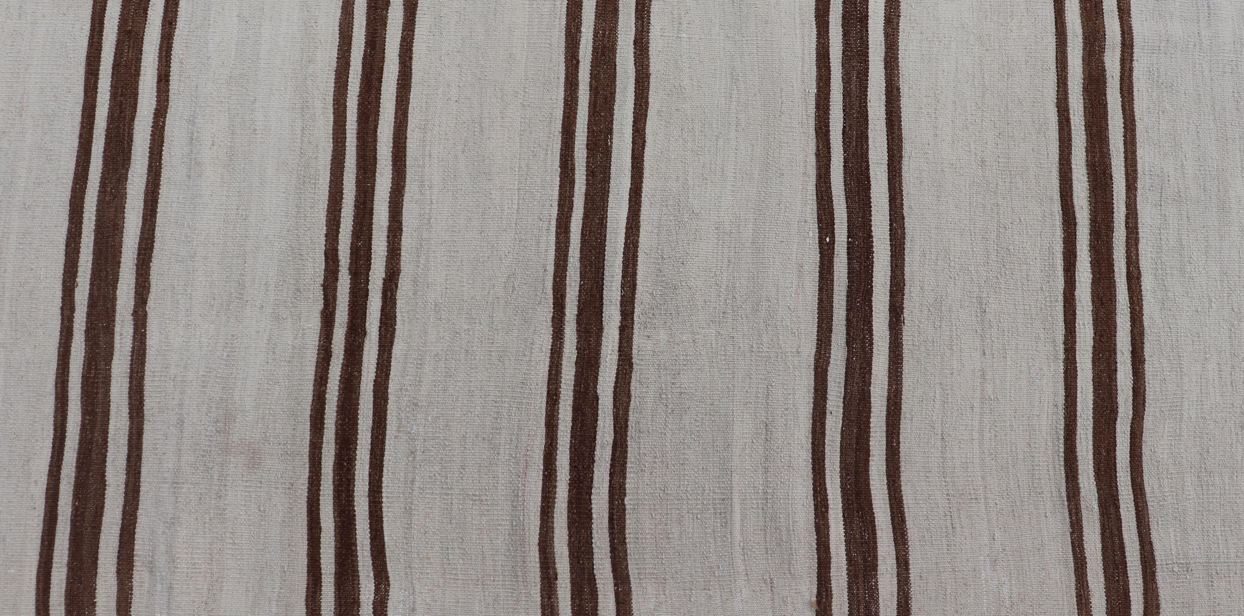 20th Century Long Vintage Turkish Natural Kilim with Stripes in Ivory, Taupe and Brown For Sale