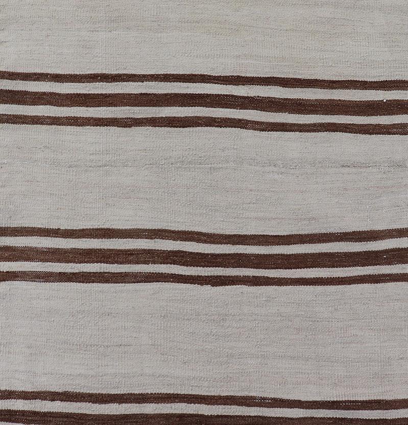 Wool Long Vintage Turkish Natural Kilim with Stripes in Ivory, Taupe and Brown For Sale