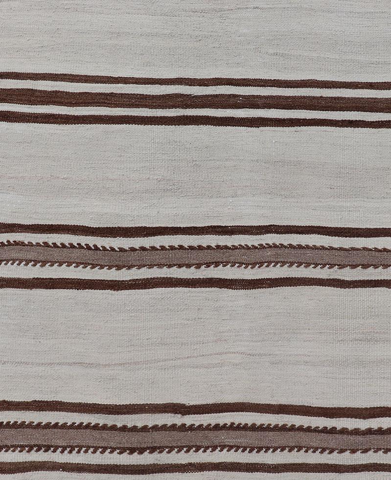 Long Vintage Turkish Natural Kilim with Stripes in Ivory, Taupe and Brown For Sale 1