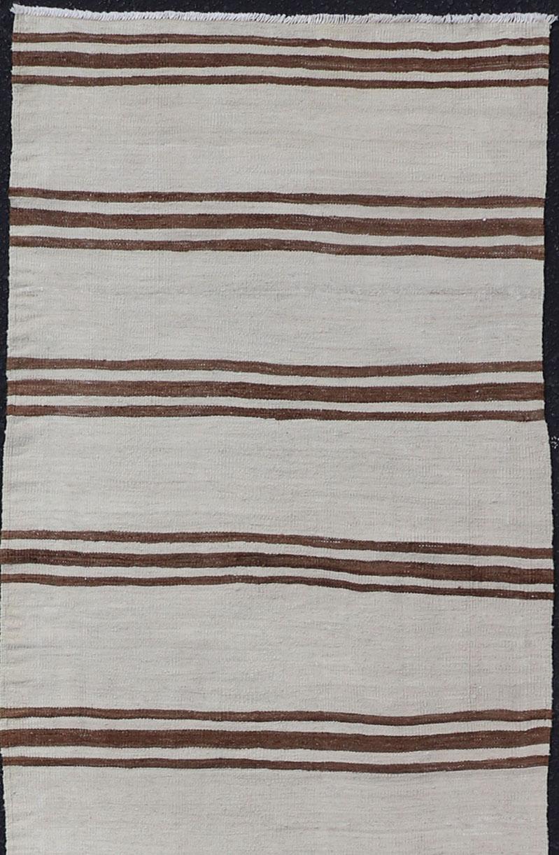 Long Vintage Turkish Natural Kilim with Stripes in Ivory, Taupe and Brown For Sale 2