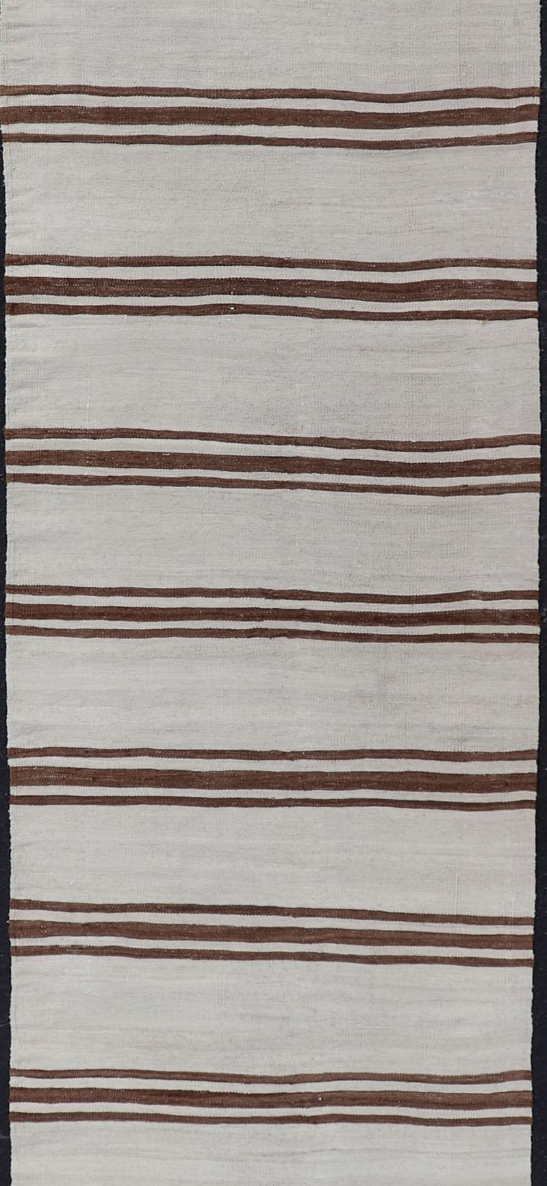Long Vintage Turkish Natural Kilim with Stripes in Ivory, Taupe and Brown For Sale 3
