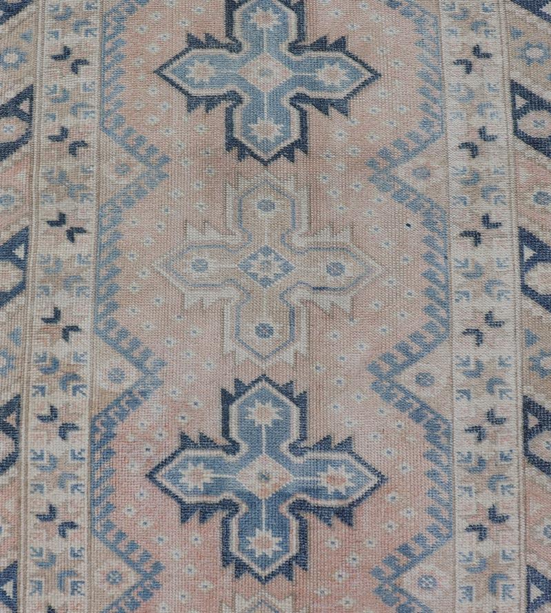 Long Vintage Turkish Oushak Runner in Various Blue, Taupe, Salmon and Cream For Sale 5