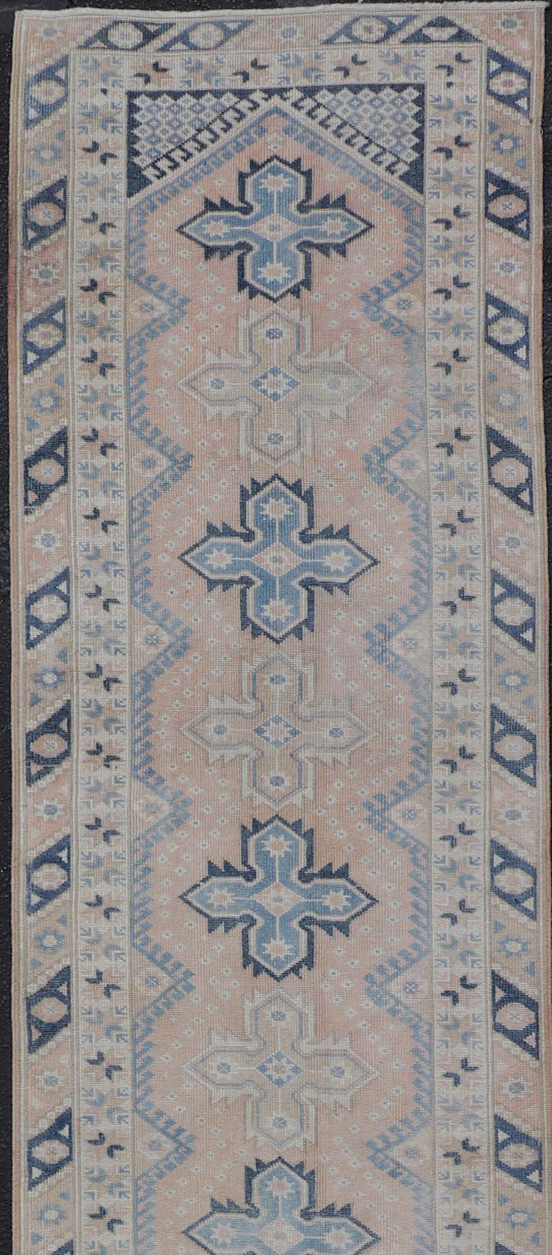 Hand-Knotted Long Vintage Turkish Oushak Runner in Various Blue, Taupe, Salmon and Cream For Sale