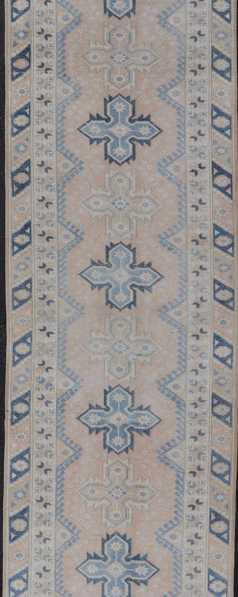 Long Vintage Turkish Oushak Runner in Various Blue, Taupe, Salmon and Cream In Good Condition For Sale In Atlanta, GA