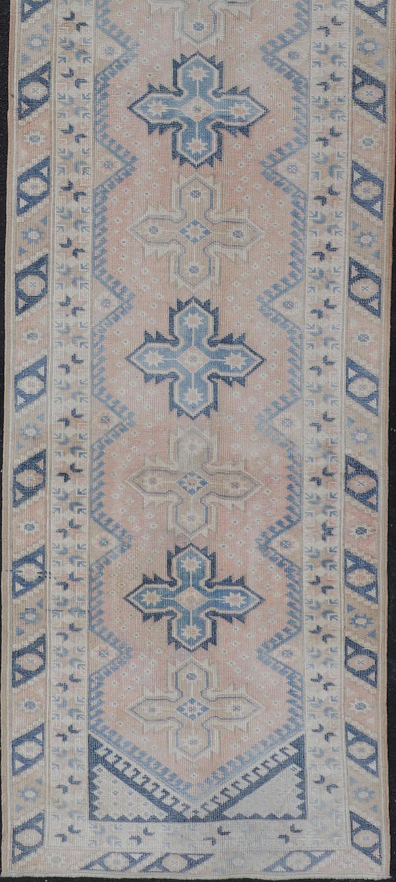 20th Century Long Vintage Turkish Oushak Runner in Various Blue, Taupe, Salmon and Cream For Sale