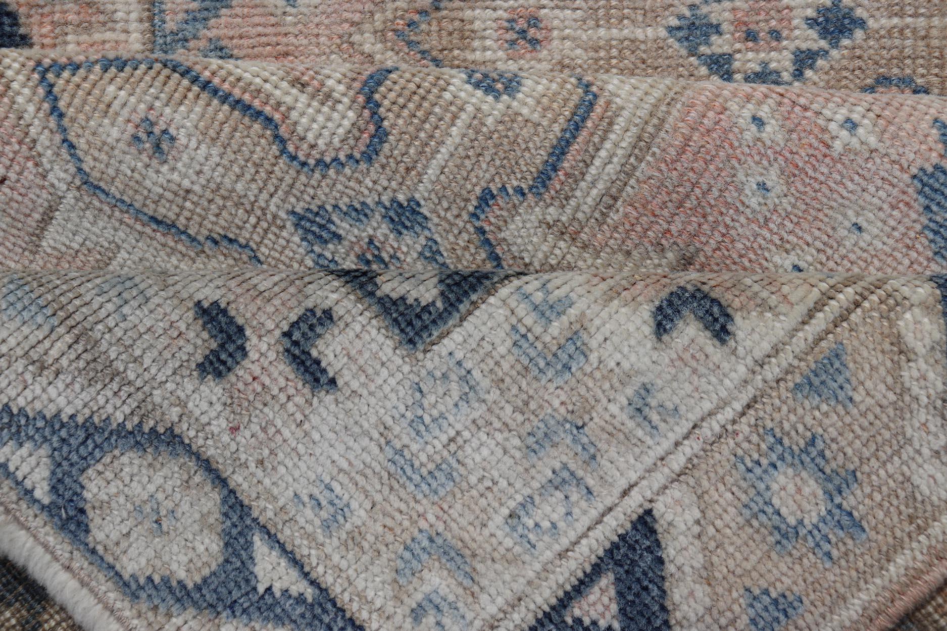 Long Vintage Turkish Oushak Runner in Various Blue, Taupe, Salmon and Cream For Sale 1