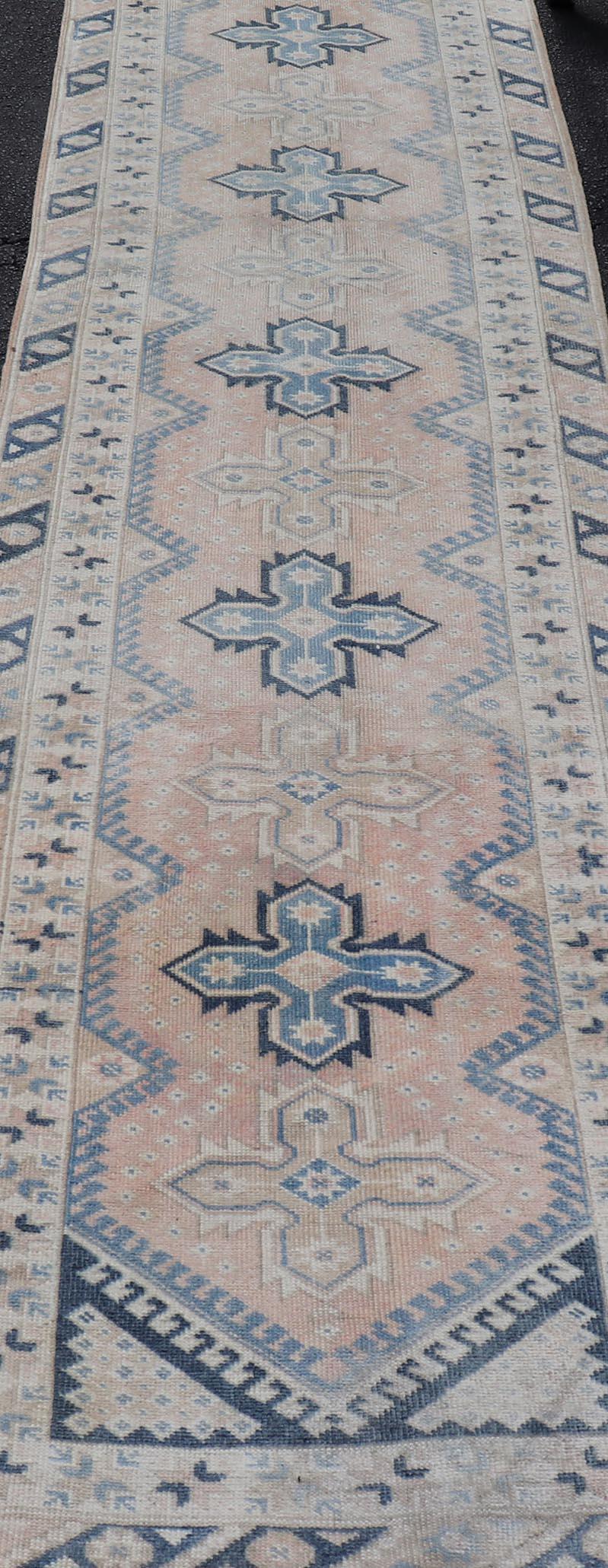 Long Vintage Turkish Oushak Runner in Various Blue, Taupe, Salmon and Cream For Sale 2