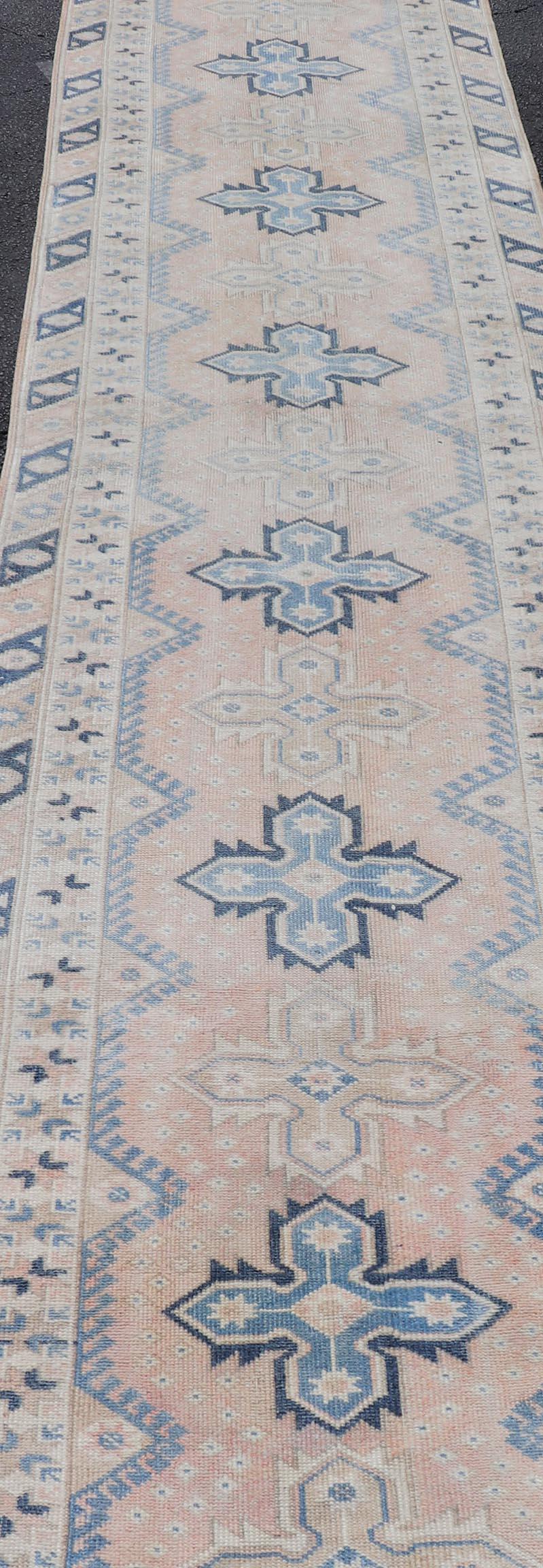 Long Vintage Turkish Oushak Runner in Various Blue, Taupe, Salmon and Cream For Sale 3