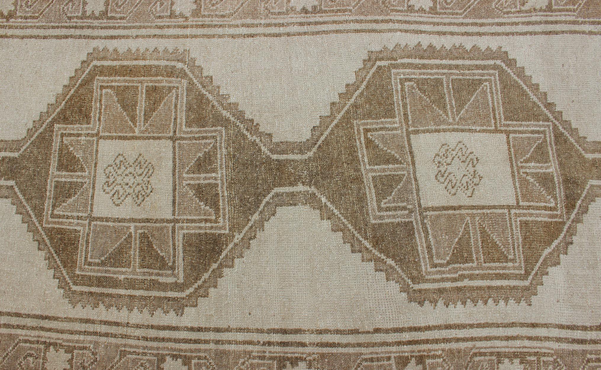 Wool Long Vintage Turkish Oushak Runner with Medallions in Creams and Tans For Sale