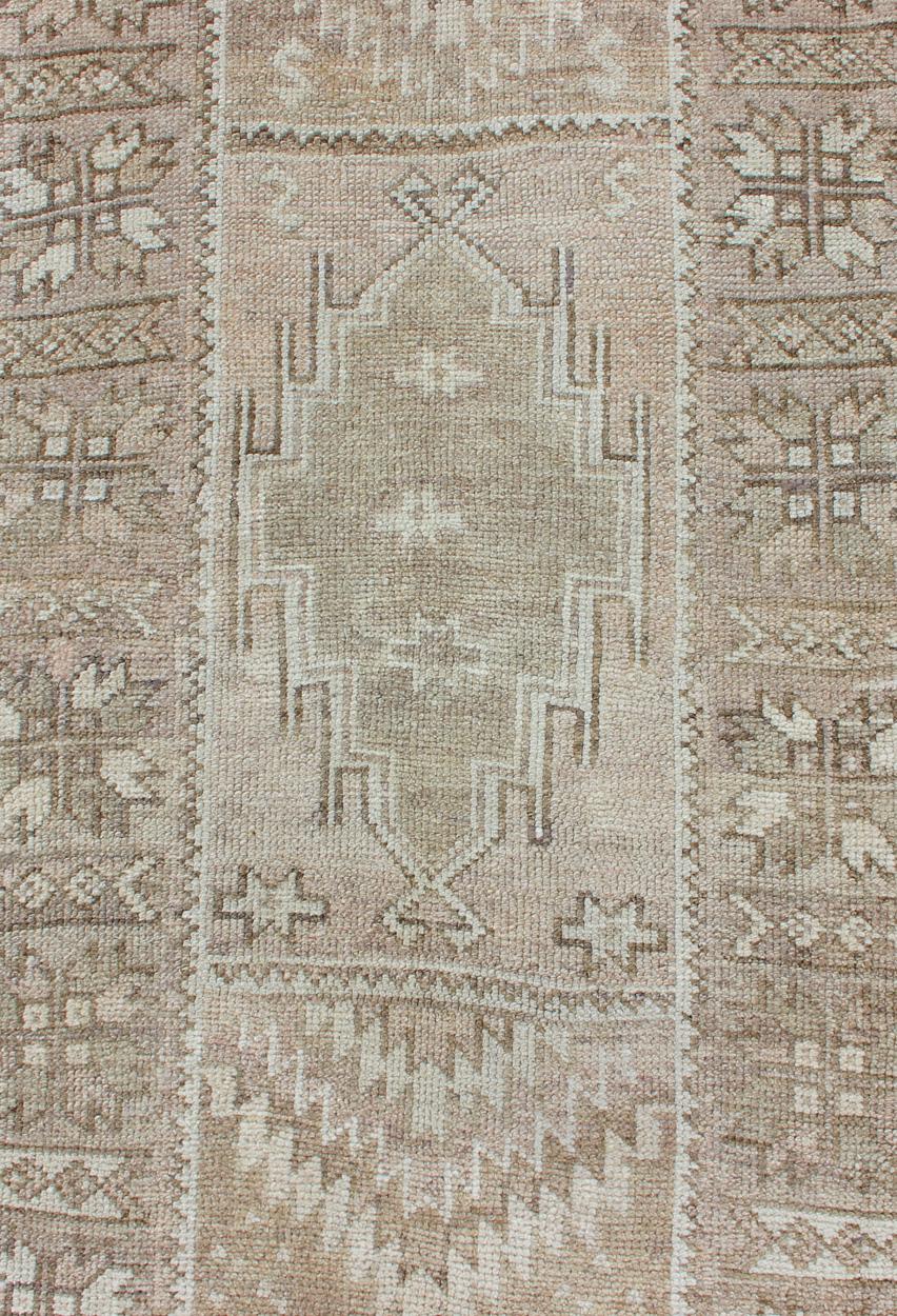 Wool Long Vintage Turkish Oushak Runner with Medallions in Earth Tones For Sale